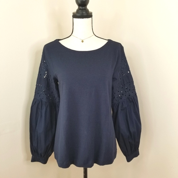 LOFT Tops - LOFT navy mixed media puff sleeve popover top M